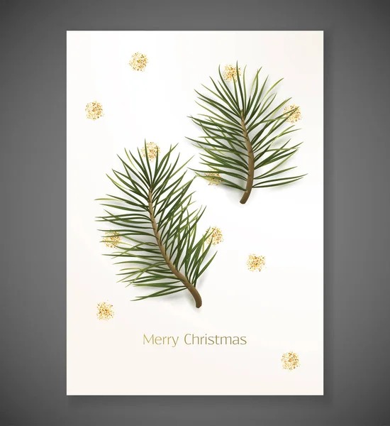 Vrolijk Kerstfeest Elegante Achtergrond Met Realistische Dennentak Gouden Glitter Desoratie — Stockvector