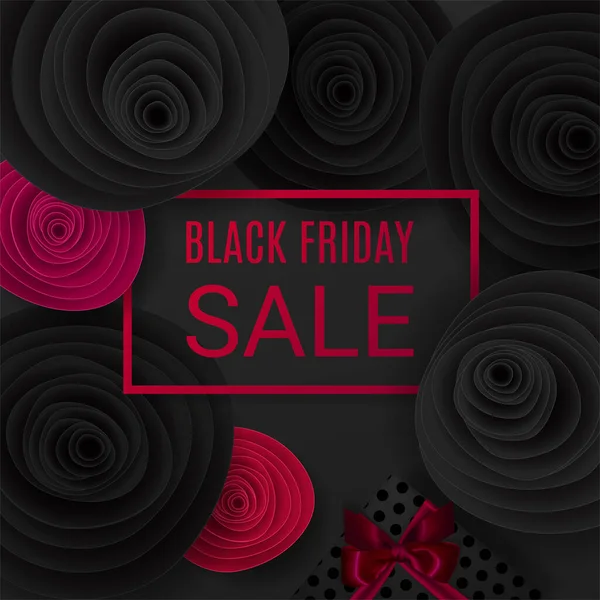 Zwarte Vrijdag Verkoop Achtergrond Met Zwart Roze Papieren Bloemen Geschenkdoos — Stockvector