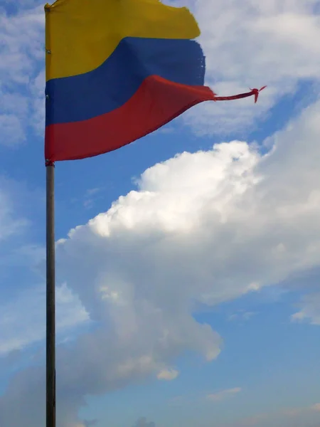 Beautiful National Flag Colombia Waving White Blue Sky Background Yellow — Stock Photo, Image