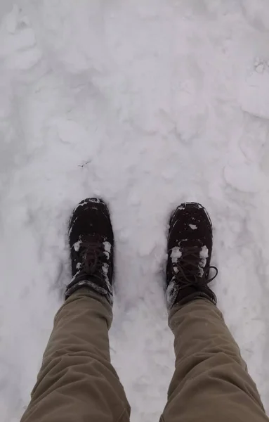 棕色裤子和棕色皮靴的人的腿 在雪上 冬天天气的衣服 温暖的衣服 — 图库照片