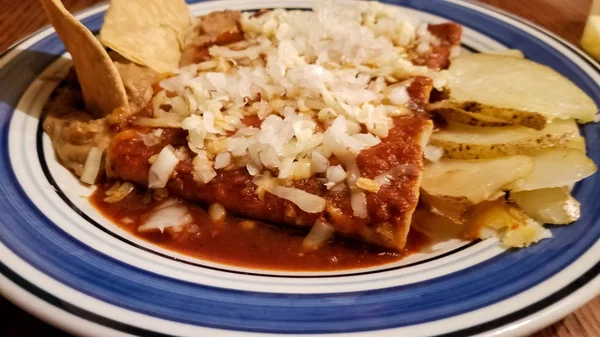 Close Some Delicious Red Enchiladas Typical Mexican Food Detail Sauce — Stock Photo, Image