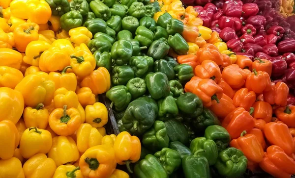 Tas Poivrons Sur Étagère Supermarché Une Épicerie Légumes Brillants Colorés — Photo