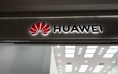 Medellin, Colombia - 10/05/2018: Signboard of a Huawei store, Chinese technology company clipart