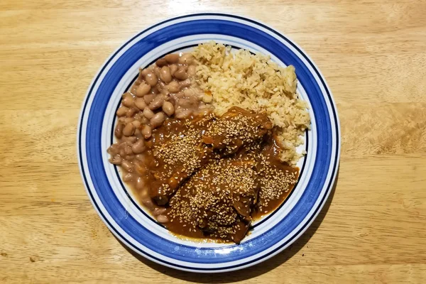 Mole Beans Rice Delicious Typical Mexican Food Mole Sauce Sesame — Stock Photo, Image