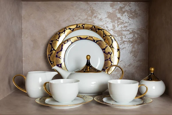 Set Von Eleganten Und Traditionellen Teekanne Bunt Weiß Blau Gold — Stockfoto