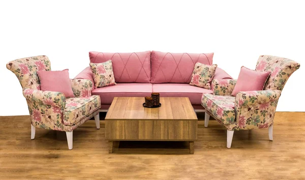 Sala Estar Rosa Moderna Com Sofá Mobiliário Sobre Fundo Branco — Fotografia de Stock