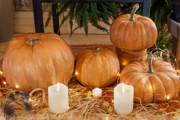 Halloween Pumpkins Candles Straw — Stock Photo, Image