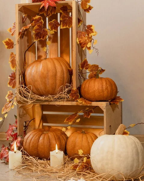 Halloween Pumpkins Wooden Crates Candles Straw Autumn Leaves — Stock Photo, Image