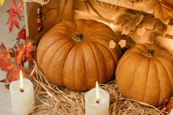 Halloween Pumpkins Wooden Crates Candles Straw Autumn Leaves — Stock Photo, Image