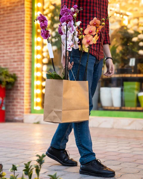 Hombre Caminando Con Bolso Compras Dentro Las Orquídeas Polilla Phalaenopsis — Foto de Stock