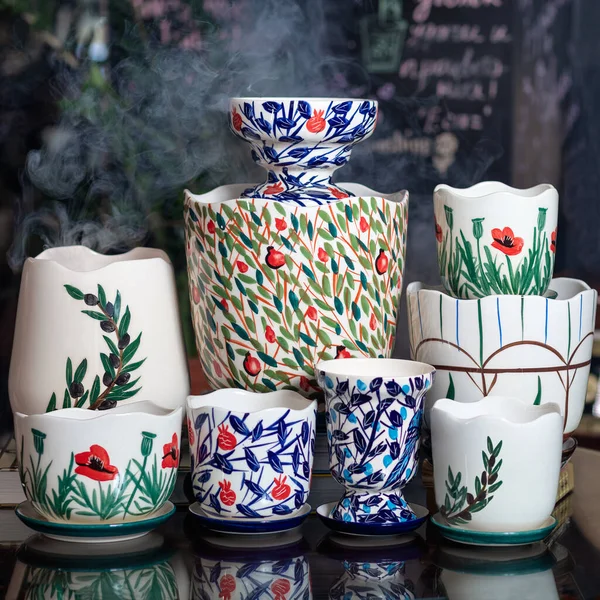 Lot Hand Painted Pots Table — Stock Photo, Image