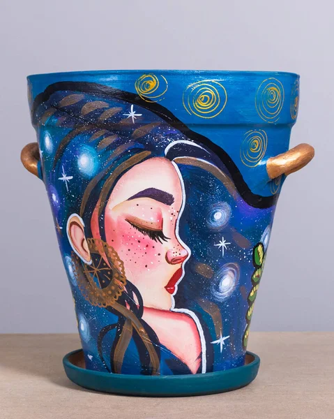 Colorful Hand Painted Pot Woman Face — Stock Photo, Image