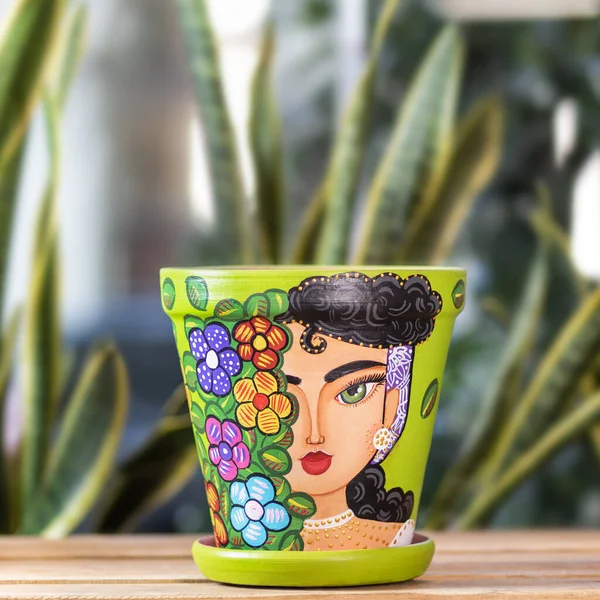 Big Hand Painted Plant Pot Woman Face Green Color — Stock Photo, Image