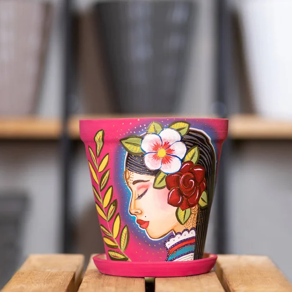 Big Hand Painted Plant Pot Woman Face — Stock Photo, Image