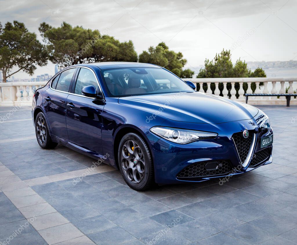 Blue Alfa Romeo Giulia Quadrifoglio at the exhibition