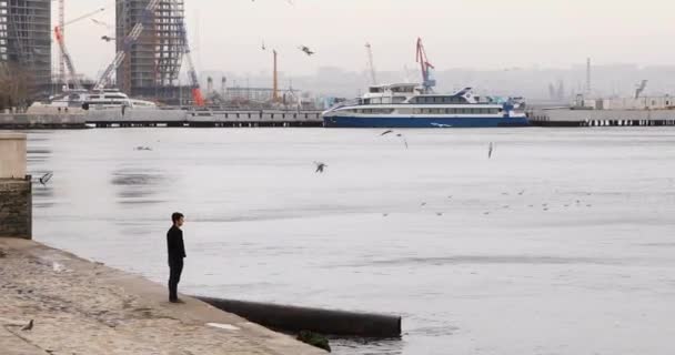 Alleen Man Kijkt Naar Kaspische Zee Meeuwen Vliegen — Stockvideo