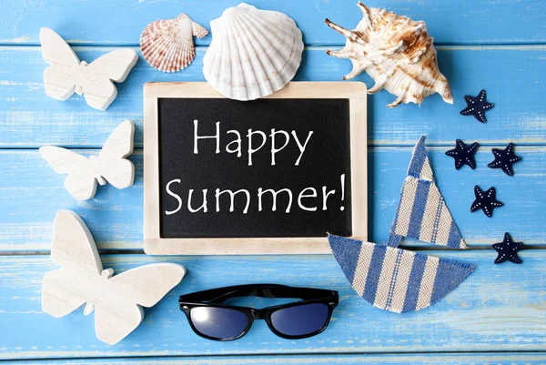 Tablica z morskich dekoracji i tekst Happy Summer — Zdjęcie stockowe