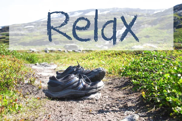 Shoes On Trekking Path, Text Relax — Stock Photo, Image
