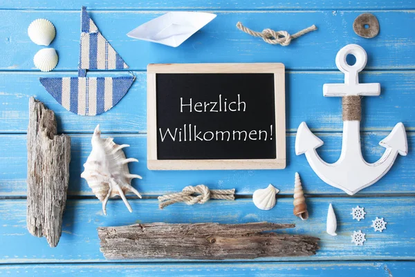 Nautic Chalkboard, Willkommen Means Welcome — Stock Photo, Image