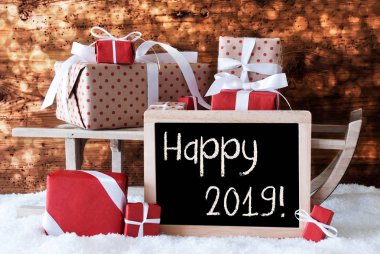 Hediyeler, kar, Bokeh, metin mutlu 2019 atlı kızak