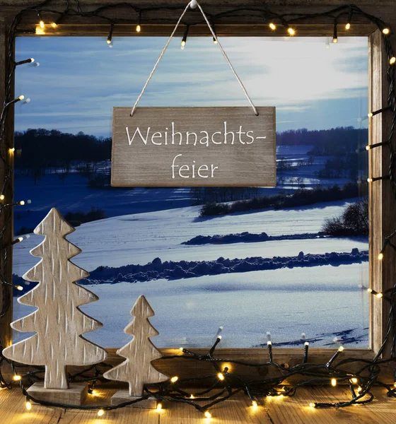 Window, Winter Landscape, Weihnachtsfeier Means Christmas Party — Stock Photo, Image