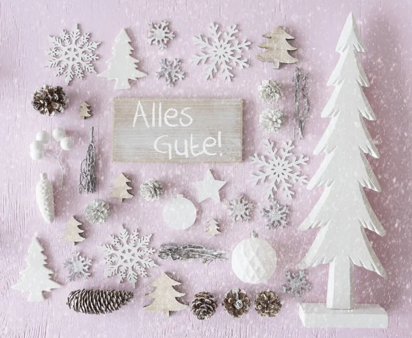 Vánoční dekorace, plochou ležela, Alles Gute znamená nejlepší přání, sněhové vločky — Stock fotografie