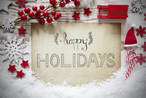 Piros karácsonyi dekoráció, kalligráfia szöveg boldog ünnepek, hó — Stock Fotó