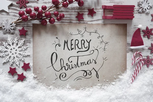 Decorazione di Natale rosso, Neve, Calligrafia Buon Natale — Foto Stock