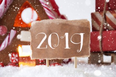 Gingerbread ev kızak, kar taneleri, metin 2019, kar