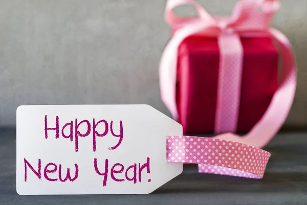 Presente rosa, Etiqueta, Texto Feliz Ano Novo — Fotografia de Stock