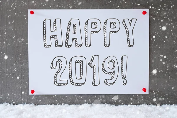 Etykieta na Cement ściany, płatki śniegu, tekst szczęśliwy 2019 — Zdjęcie stockowe