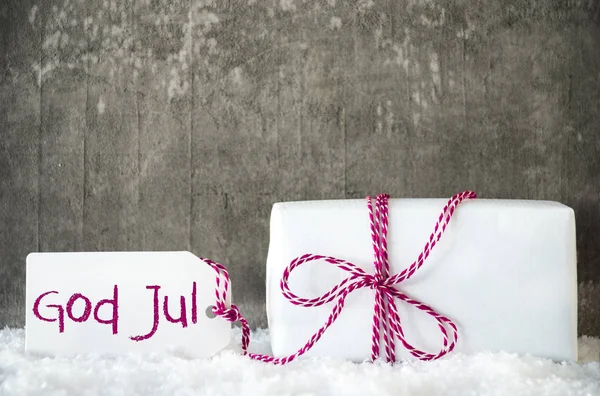Cadeau blanc, neige, étiquette, Dieu Jul signifie Joyeux Noël — Photo