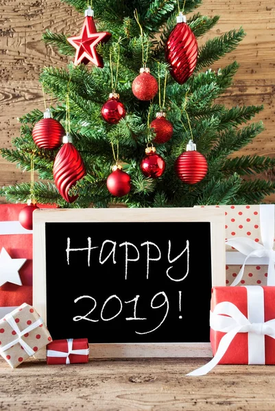 Árbol de Navidad colorido con texto en inglés Happy 2019 —  Fotos de Stock