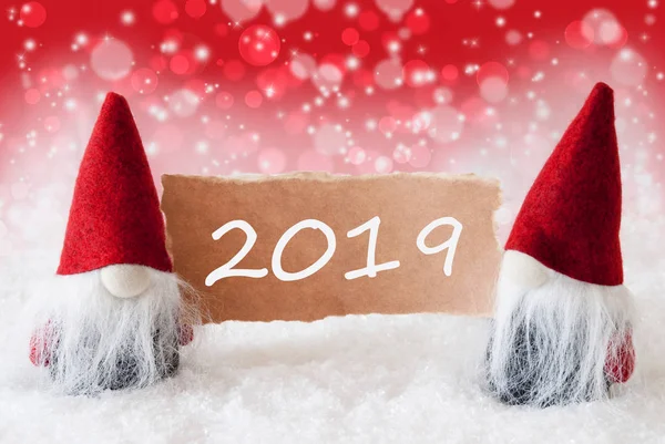 Gnomos navideños rojos con tarjeta, Texto 2019, Nieve — Foto de Stock