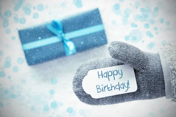 Turquoise Cadeau, Gant, Texte Joyeux anniversaire, Flocons de neige — Photo