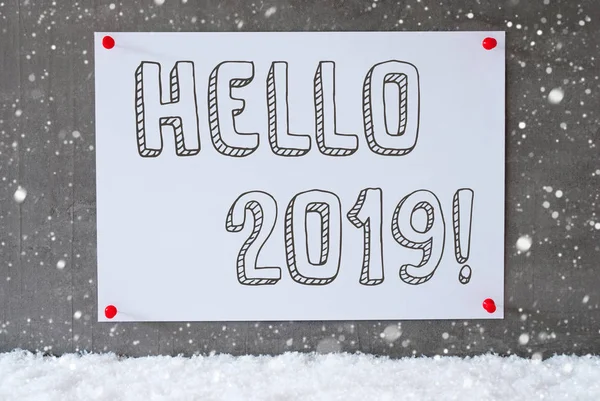 Etykieta na Cement ściany, płatki śniegu, tekst Hello 2019 — Zdjęcie stockowe