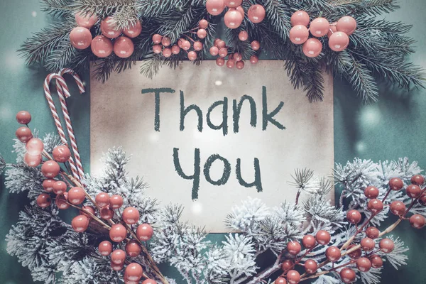 Fenyő fa ága, hópelyhek, Karácsonyi koszorú, szöveg, köszönöm — Stock Fotó