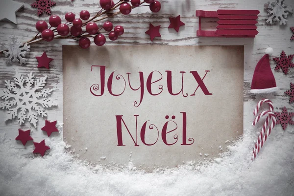 Red Christmas decoratie, sneeuw, Joyeux Noel betekent vrolijk kerstfeest — Stockfoto