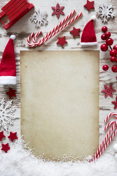Christmas Flat Lay, Vertical Paper, Snow, Copy Space — Stock Photo, Image