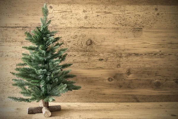 Green Christmas Tree On Brown Rustic Wooden Background — Stock Photo, Image