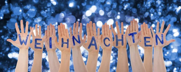 Hands Building Weihnachten Means Christmas, Glittering Bokeh Background — Stock Photo, Image