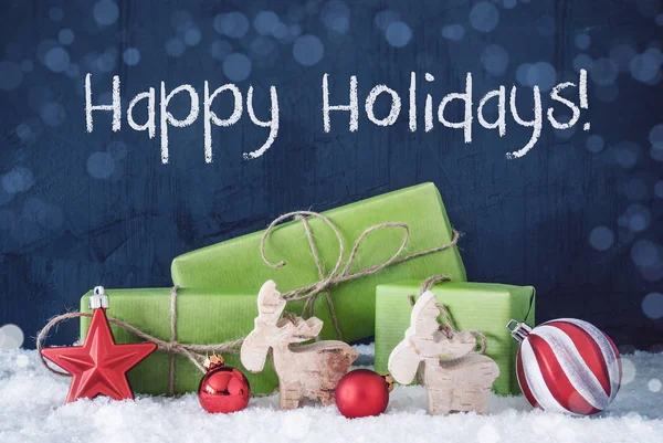 Zöld karácsonyi ajándékok, hó, dekoráció, szöveg boldog ünnepek — Stock Fotó