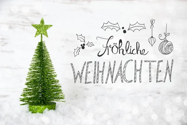 绿树, 雪, 书法 Froheliche Weihnachten 意味着圣诞快乐 — 图库照片