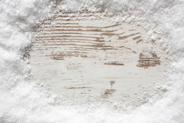 Lantlig vit trä bakgrund, snö, kopia utrymme — Stockfoto
