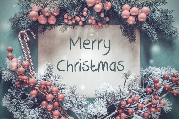 Vánoční věnec, jedle strom větev, sněhové vločky, Text Veselé Vánoce — Stock fotografie