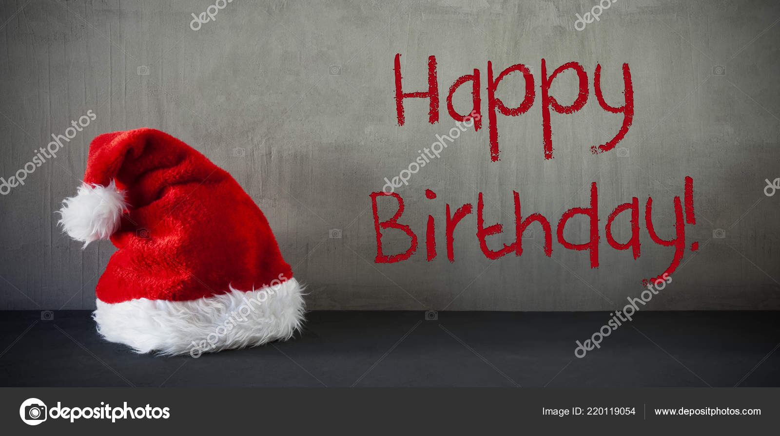 Santa Hat Text Happy Birthday Gray Background Stock Photo by