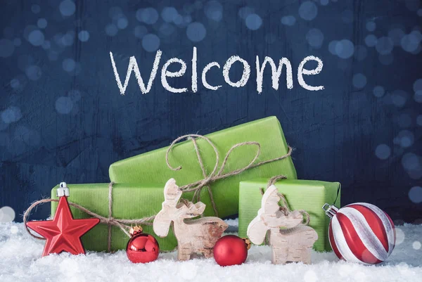 Regalos verdes de Navidad, Nieve, Decorar, Texto Bienvenido — Foto de Stock