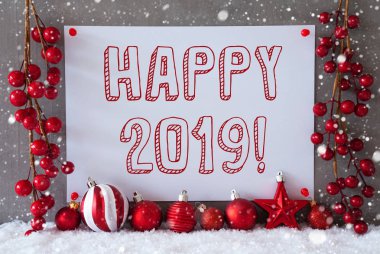 Etiket, kar taneleri, Noel topları, metin mutlu 2019, kar