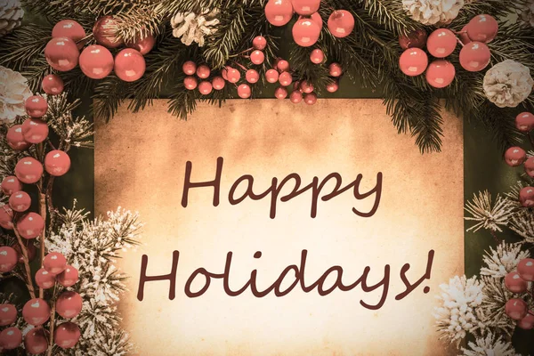 Retro kerst decoratie, vertakking van de beslissingsstructuur van het Fir, tekst Happy Holidays — Stockfoto