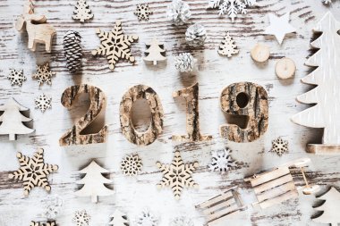 Beyaz rustik Noel dekorasyonu ile metin 2019, ahşap arka plan